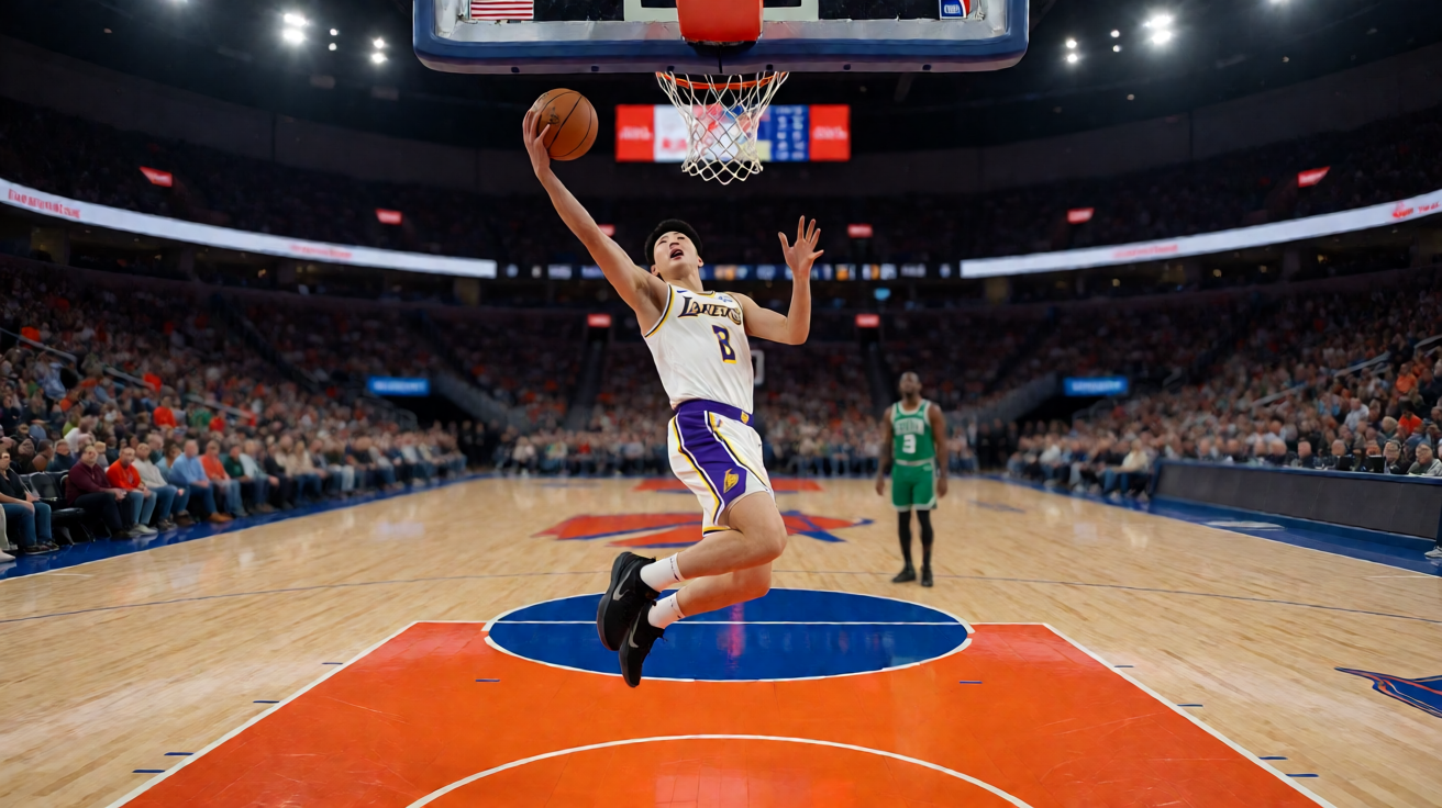 NBA篮球比赛中球员上篮的瞬间画面